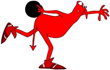 Illustration of a red devil winding up to throw a bowling ball.