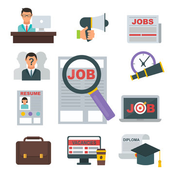 Vector job search icon set computer office concept human recruitment employment work meeting manager