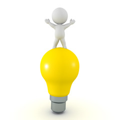 3D Character standing on top of bright light bulb