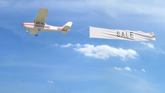 Small propeller airplane towing banner with SALE caption in the sky. 3D rendering