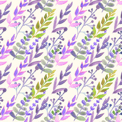 Seamless pattern with cute watercolor branches and leaves