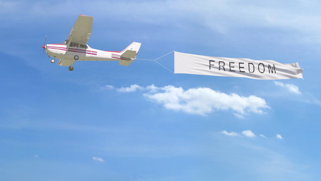 Small propeller airplane towing banner with FREEDOM caption in the sky. 3D rendering