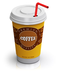 Plastic or paper coffee cup with straw