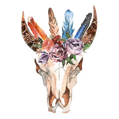 Watercolor isolated bull's head with flowers and feathers on white background. Boho style. Skull for wrapping, wallpaper, t-shirts, textile, posters, cards, prints