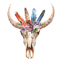 Watercolor isolated bull's head with flowers and feathers on white background. Boho style. Skull for wrapping, wallpaper, t-shirts, textile, posters, cards, prints