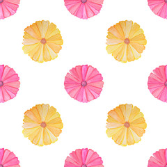 Seamless pattern with beautiful watercolor pink and yellow flowers on white background