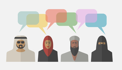 Arab people with colorful dialog speech bubbles