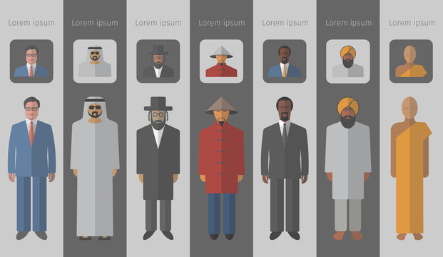 Set of flat people icons. Different race and religions