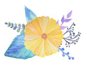 Composition with watercolor yellow flower, leaves and branches on white background
