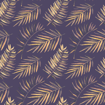 Seamless pattern with watercolor tropical palm leaves