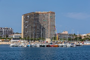Harbor and hotels at village Palamos on the Costa Brava in Spain