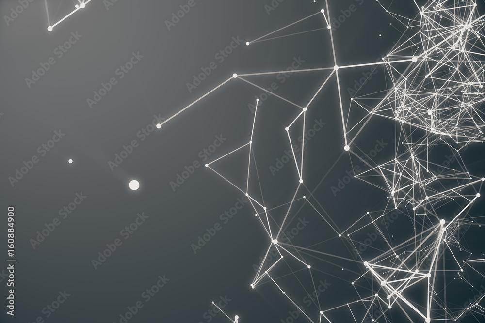 Poster abstract space gray tint background. chaotically connected points and polygons flying in space. flyi