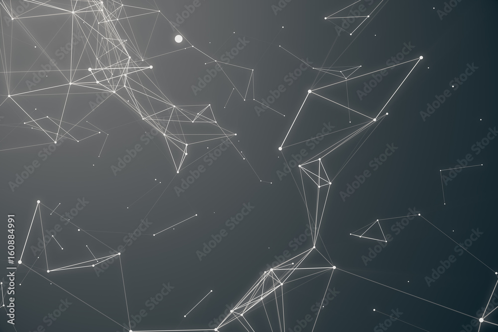 Poster abstract space gray tint background. chaotically connected points and polygons flying in space. flyi