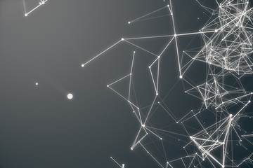 Abstract space gray tint background. Chaotically connected points and polygons flying in space. Flying debris. Futuristic technology style. Elegant background for business presentations. 3D rendering