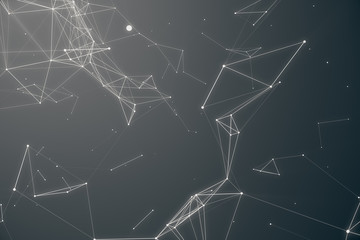 Abstract space gray tint background. Chaotically connected points and polygons flying in space. Flying debris. Futuristic technology style. Elegant background for business presentations. 3D rendering