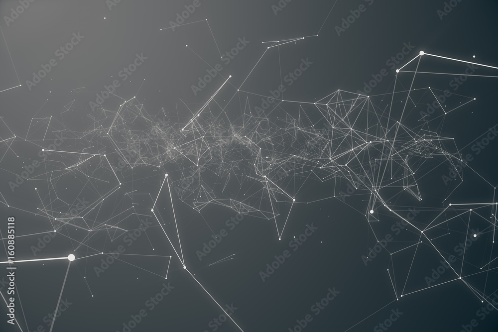 Poster abstract space gray tint background. chaotically connected points and polygons flying in space. flyi