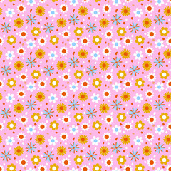Cute seamless pattern for children. Flower texture in a cartoon style. Colorful seamless texture with flowers. Vector