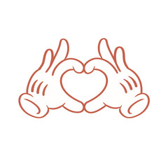 Cartoon animated gloved hands holding up an iconic cartoon heart/love sign hands emoticon. 
