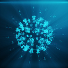 Polygonal Bacteria or Virus concept. Thin Line Concept. Polygonal Consisting Blue Dots and Lines. Blue Structure Style Illustration. Shining Virus Model on Dark Background 3D Rendering