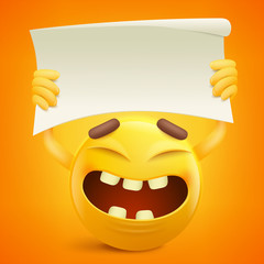Yellow smiley cartoon character with paper banner in hands