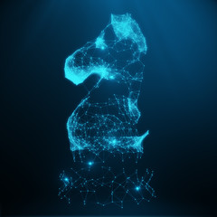 Abstract Low Poly Chess Piece Horse consisting of blue dots and lines. Abstract business strategy illustration, 3D Rendering