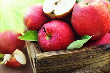 Crate of fresh ripe harvested red apples with leaves 