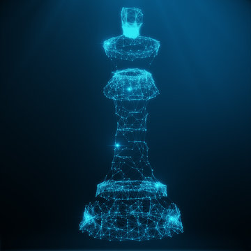 Abstract Low Poly Model, Chess Piece King consisting of blue dots and lines. Abstract illustration of business strategy, 3D rendering