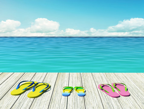 Flip-flops on wooden pier by the seashore. Family vacation