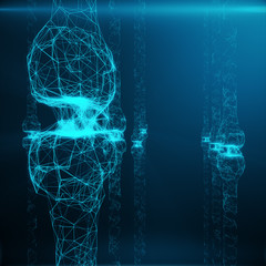 Blue glowing synapse. Artificial neuron in concept of artificial intelligence. Synaptic transmission lines of pulses.Abstract polygonal space low poly with connecting dots and lines, 3D rendering