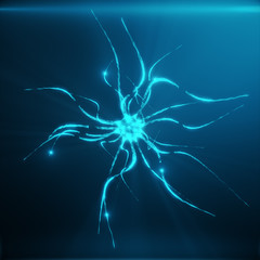 Blue glowing neuron. Artificial neuron in concept of artificial intelligence. Neuron system. Abstract polygonal space low poly with connecting dots and lines on blue tint background. 3D rendering