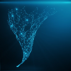 Blue glowing Tornado. Abstract polygonal space low poly with connecting dots and lines on blue tint background, 3D rendering