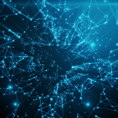 Abstract space blue tint background. Chaotically connected points and polygons flying in space. Flying debris. Futuristic technology style. Elegant background for business presentations, 3D rendering