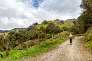 A lone cowboy walks up the road in the mountains outside of Salento, Colombia.