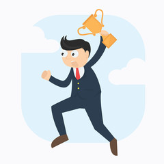 young businessman wth trophy winner jump to the sky cartoon vector illustration