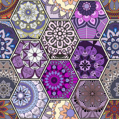 Luxury oriental tile seamless pattern. Colorful floral patchwork background. Mandala boho chic style. Rich flower ornament. Hexagon design elements. Portuguese moroccan motif. Unusual flourish print.