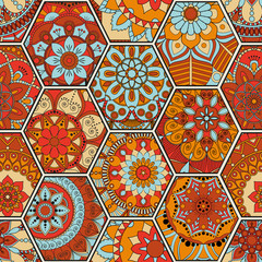 Luxury oriental tile seamless pattern. Colorful floral patchwork background. Mandala boho chic style. Rich flower ornament. Hexagon design elements. Portuguese moroccan motif. Unusual flourish print.