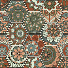 Luxury oriental tile seamless pattern. Colorful floral patchwork background. Mandala boho chic style. Rich flower ornament. Hexagon design elements. Portuguese moroccan motif. Unusual flourish print.