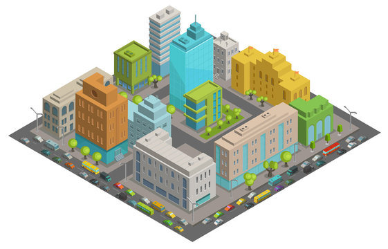 Buildings city streets quarter roads and traffic isometric 3d vector illustration City landscape, top view.
