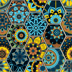 Luxury oriental tile seamless pattern. Colorful floral patchwork background. Mandala boho chic style. Rich flower ornament. Hexagon design elements. Portuguese moroccan motif. Unusual flourish print.