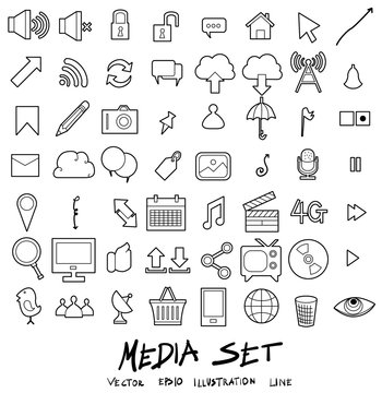 Media Doodle line icon vector set eps10