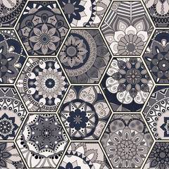 Luxury oriental tile seamless pattern. Colorful floral patchwork background. Mandala boho chic style. Rich flower ornament. Hexagon design elements. Portuguese moroccan motif. Unusual flourish print. - 160893125