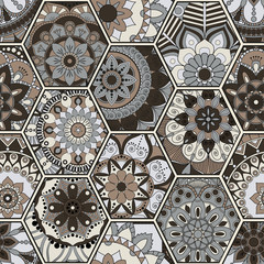 Luxury oriental tile seamless pattern. Colorful floral patchwork background. Mandala boho chic style. Rich flower ornament. Hexagon design elements. Portuguese moroccan motif. Unusual flourish print.