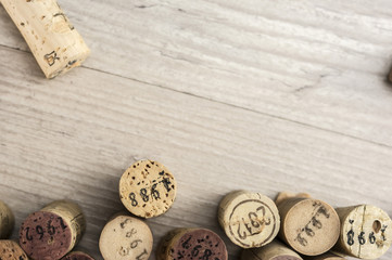 Dated wine bottle corks background close up