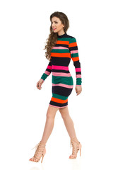 Walking Fashion Model. Side View.