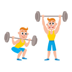 Obraz premium Young man training with barbell - squatting, doing shoulder press, weightlifting, bodybuilding in gym, cartoon vector illustration isolated on white background. Cartoon man, guy training with barbell