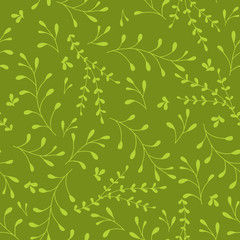 Whimsical Leaves and Branches Seamless Pattern (green). 