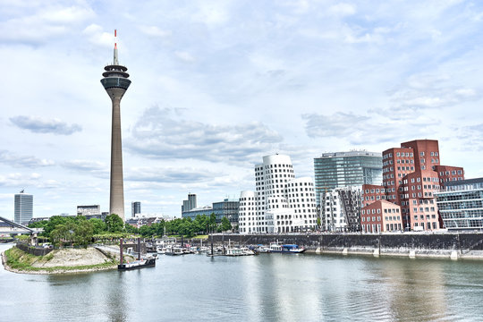 Media Harbor At Rhine In Dusseldorf In Germany / Famous Place With Buildings From Frank Gehry In Dusseldorf