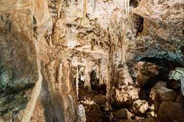 Fototapeta premium Punkva Cave in the Moravian Karst Area near Brno, Czech Republic. An incredible stalactite in the Moravian Karst