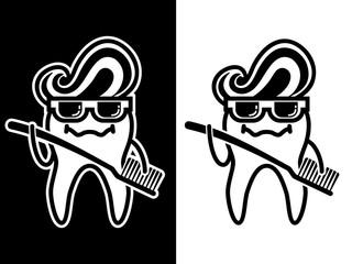 Clean and happy tooth shining like a star Toothpaste as a rock and roll hairstyle and toothbrush as a guitar Cute vector character illustration