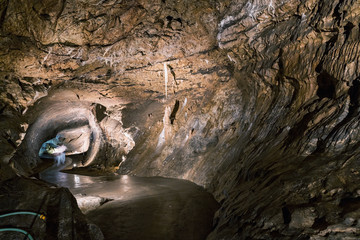 Punkva Cave in the Moravian Karst Area near Brno, Czech Republic. An incredible stalactite in the Moravian Karst